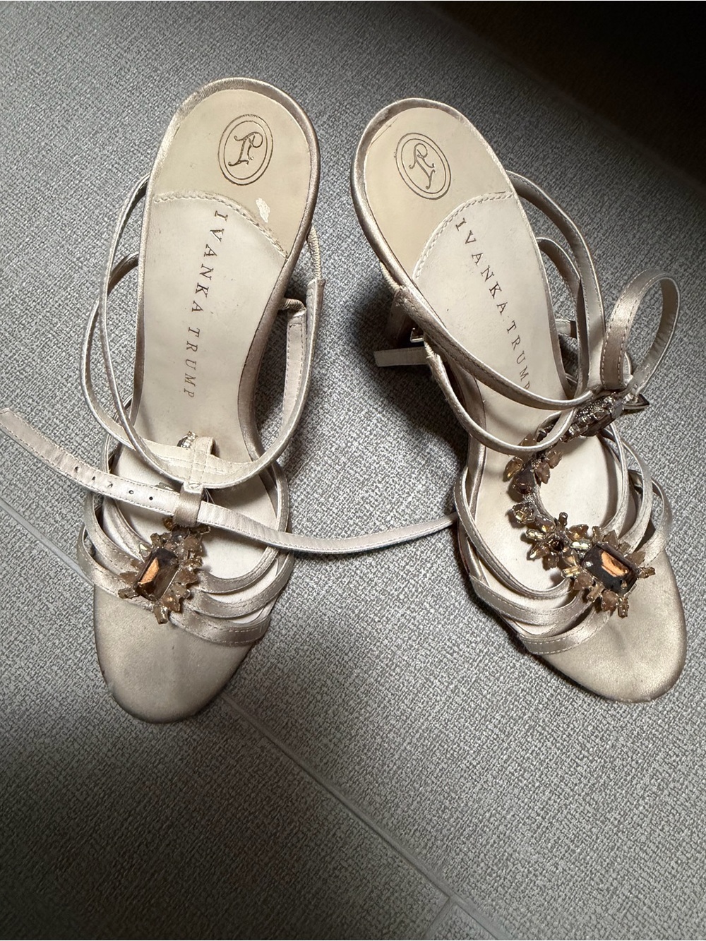 Ivanka Trump Metallic Champagne Strappy Heels with Jewel Embellishments